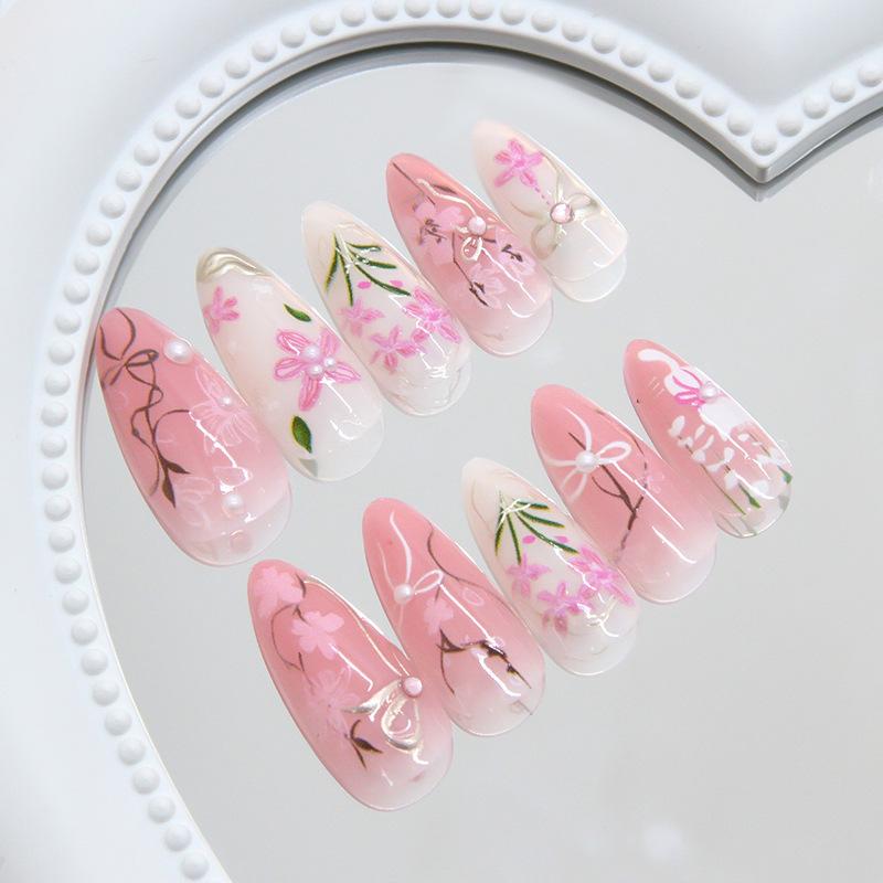 Three-dimensional Lines Flower Gradual Change Bow Sweet Powder Flash Diamond Pearl Removable Manicure 24 Pieces