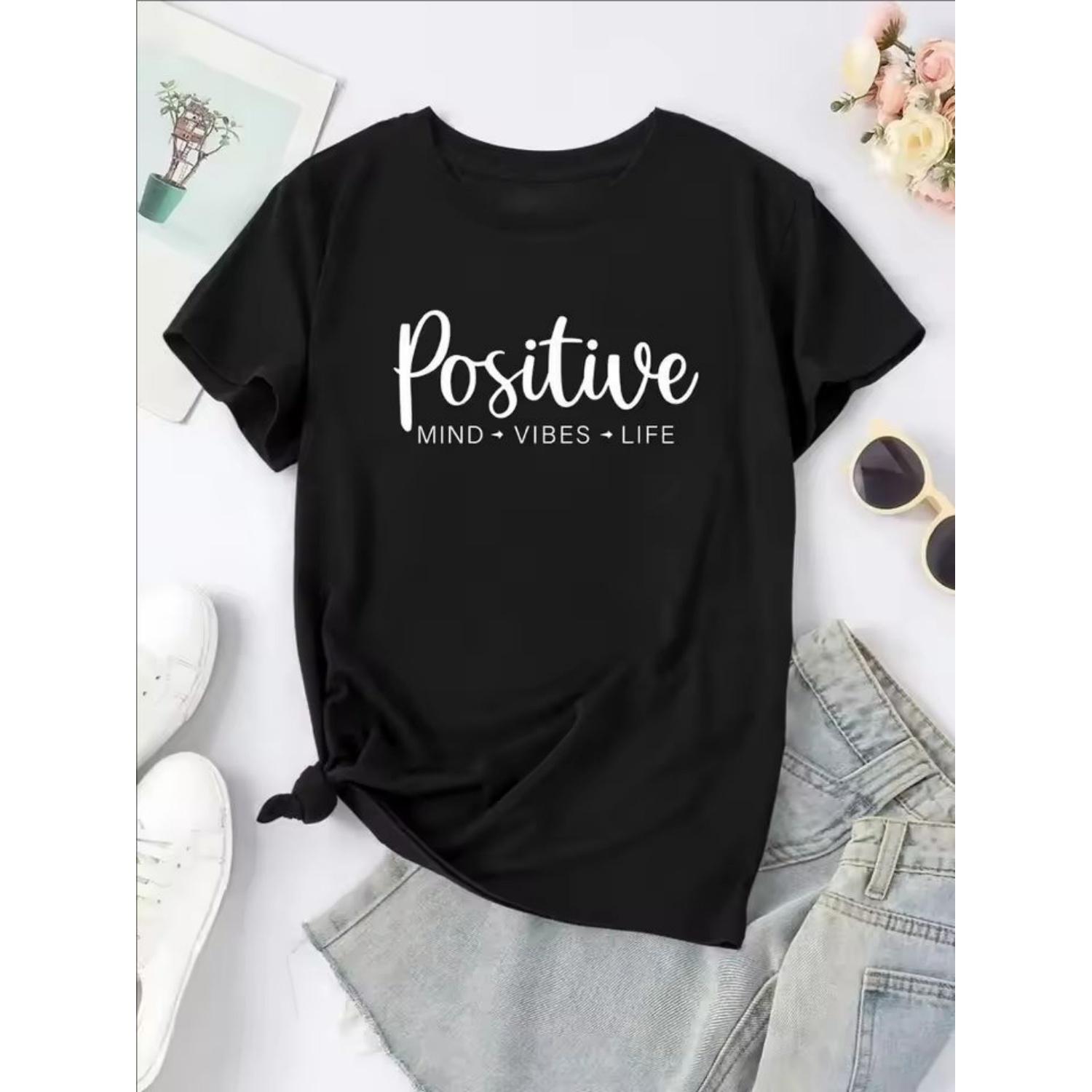 Letter Print Crew Neck T-shirt, Casual Short Sleeve T-shirt For Spring & Summer, Women s Clothing S