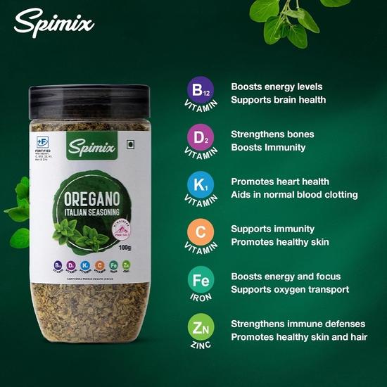 SPIMIX Oregano Seasoning for Pasta, Pizza & Italian Dishes | 100g |Made Healthier with Vitamin B12 & D and Himalayan Pink Salt & Herbs
