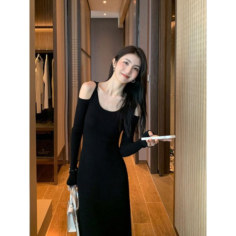 

Осенняя женская одежда новое нежное ветреное длинное платье с тонкой подкладкой фиолетовое вязаное платье с длинным рукавом XL чёрный