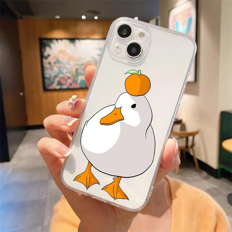Cute Duck Cartoon Doubt Transparent Phone Case For iPhone 15 14 13 12 mini 11 Pro Max XS X XR SE 7 8 Plus Straight Edge Cover
