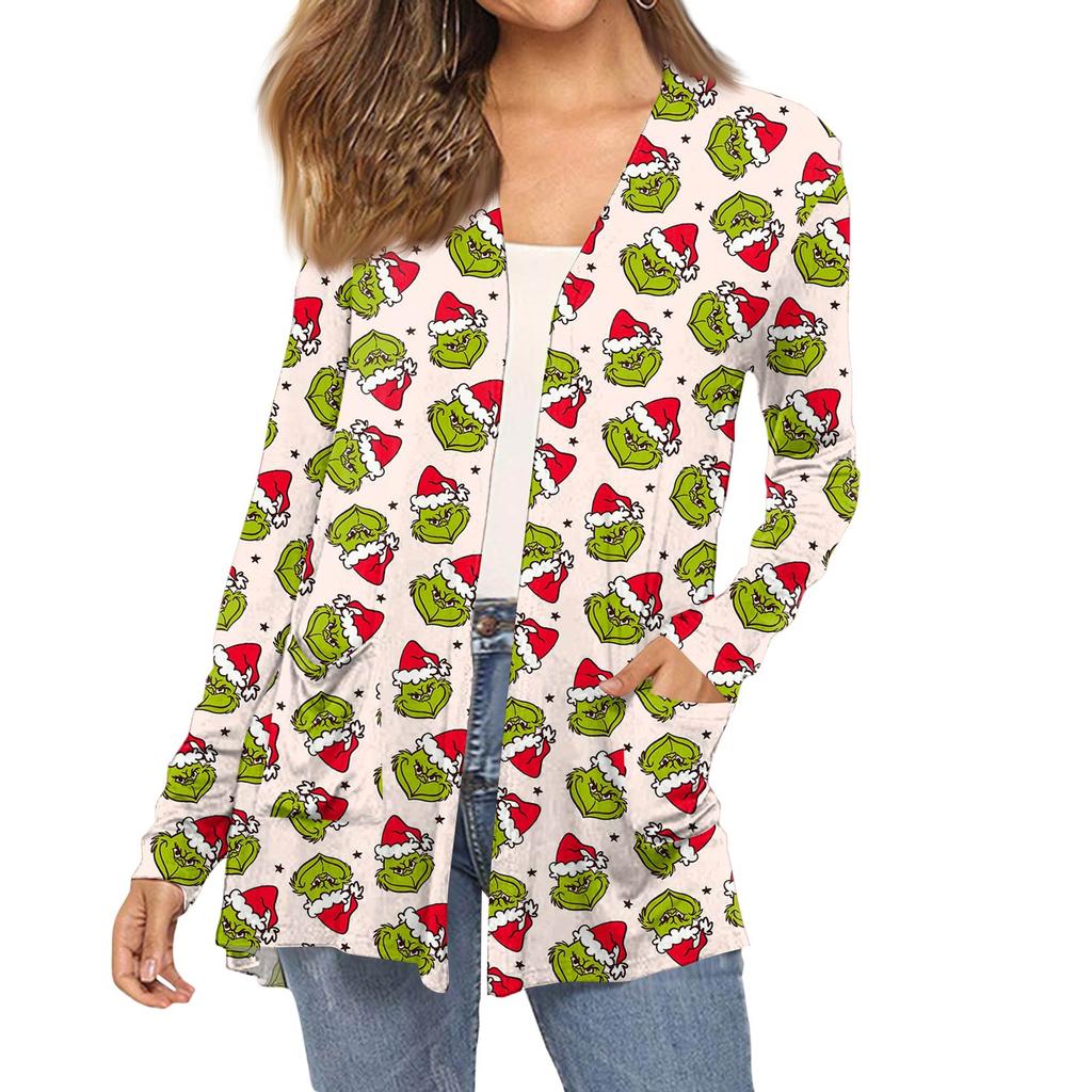 Dámský módní vánoční potisk dlouhý rukáv kapsy slim fit kardigan kabát