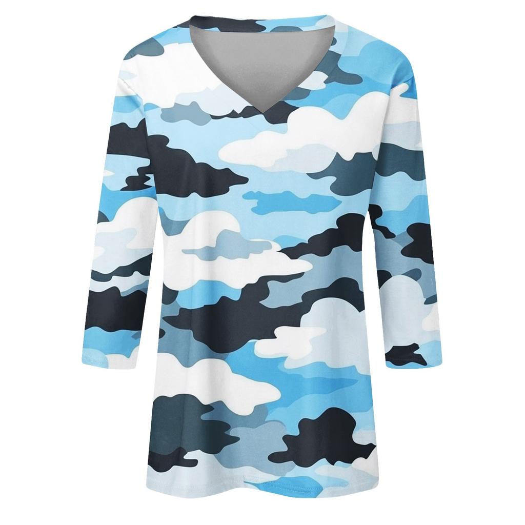 Women's Tops Three-quarter Sleeve Shirt V-neck Loose Casual Shirt Textured Printed T-shirt