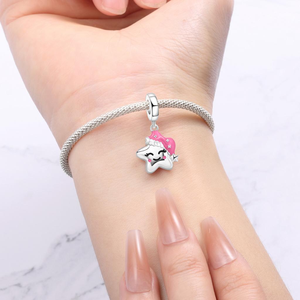Copper Metal Pink Sleeping Hat Cute Star Pendant Bead Components Bracelet High Quality Fine Jewelry Charm Bead Components Compatible With High