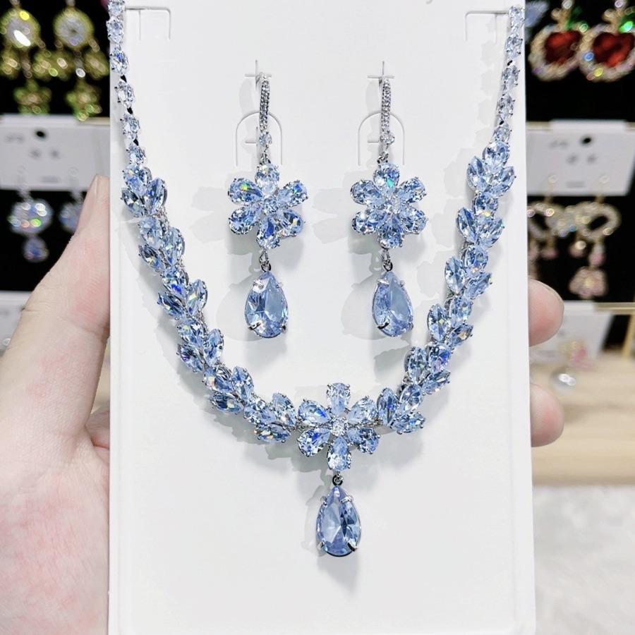 Trendy Zirconia Flower Necklace Earrings For Women Engagement Fashion Jewelry Set Bridal Wedding Chokers Party Accessories Gifts