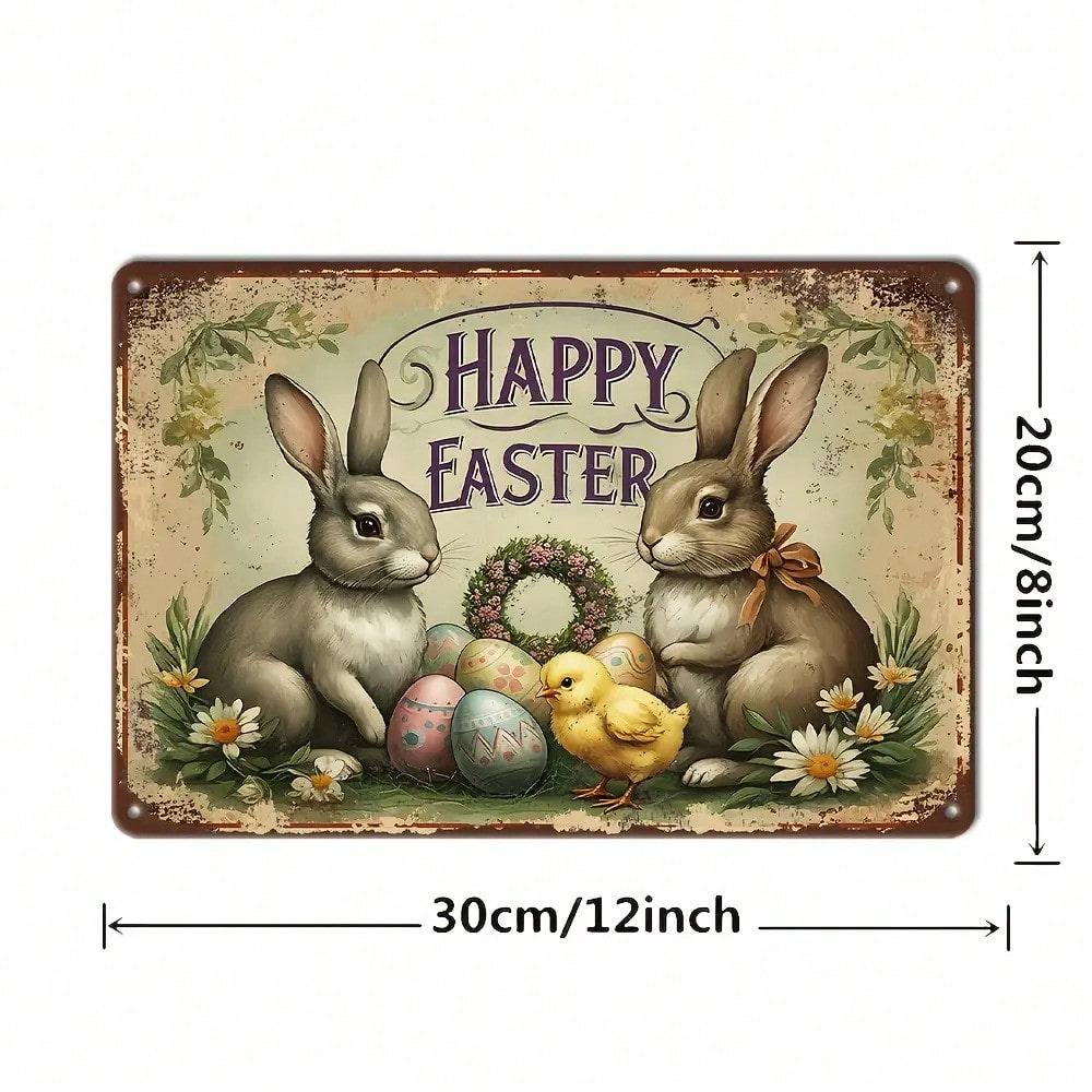 

Vintage Easter Metal Wall Sign x Inch Country Style Happy Easter Design Two Rabbits Chick Durable Iron Home 20x30cm（7.8x11.8inch）