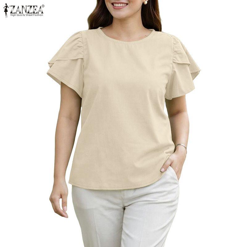 ZANZEA Lässige Bluse mit Rundhalsausschnitt, einfarbig, locker und kurzärmelig für Damen
