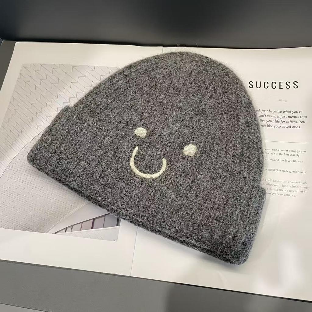 Niche Style Children's Woolen Hat Autumn and Winter Smiley Face Embroidery Boys and Girls Versatile Warm and Cold Hat Pullover Knitted Hat Trendy