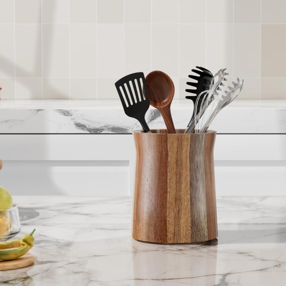 Wooden 360-Degree Rotating Utensil Holder Trapezoidal Smooth Surface Cutlery Organizer Farmhouse Style Dinnerware Rack Spatulas