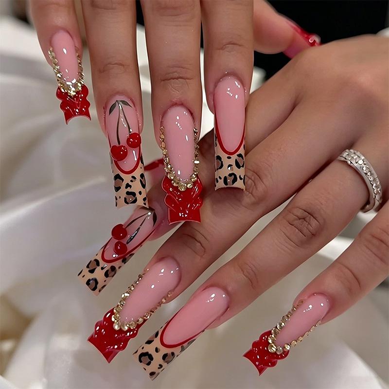 24-Piece Pink French Medium Tube Nail Tips with 3D Flowers & Leopard Print