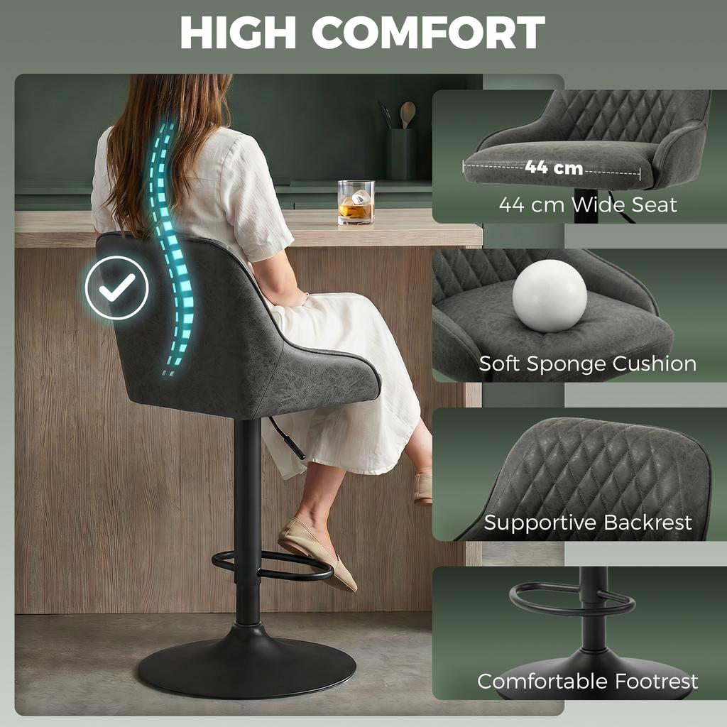 Bar Stools Adjustable Swivel Kitchen Chairs with Backrest Set of 2 for Kitchen Island Dark Grey