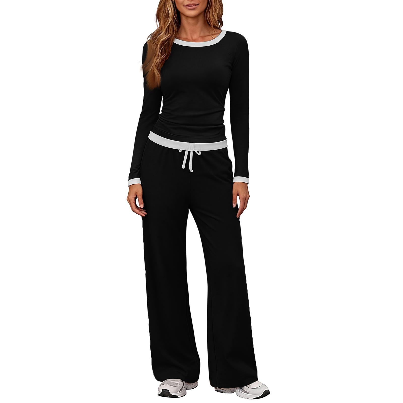 

Women s Long-Sleeve Casual Sports Two-Piece Set With Loose Wide-Leg Pants XL чорний
