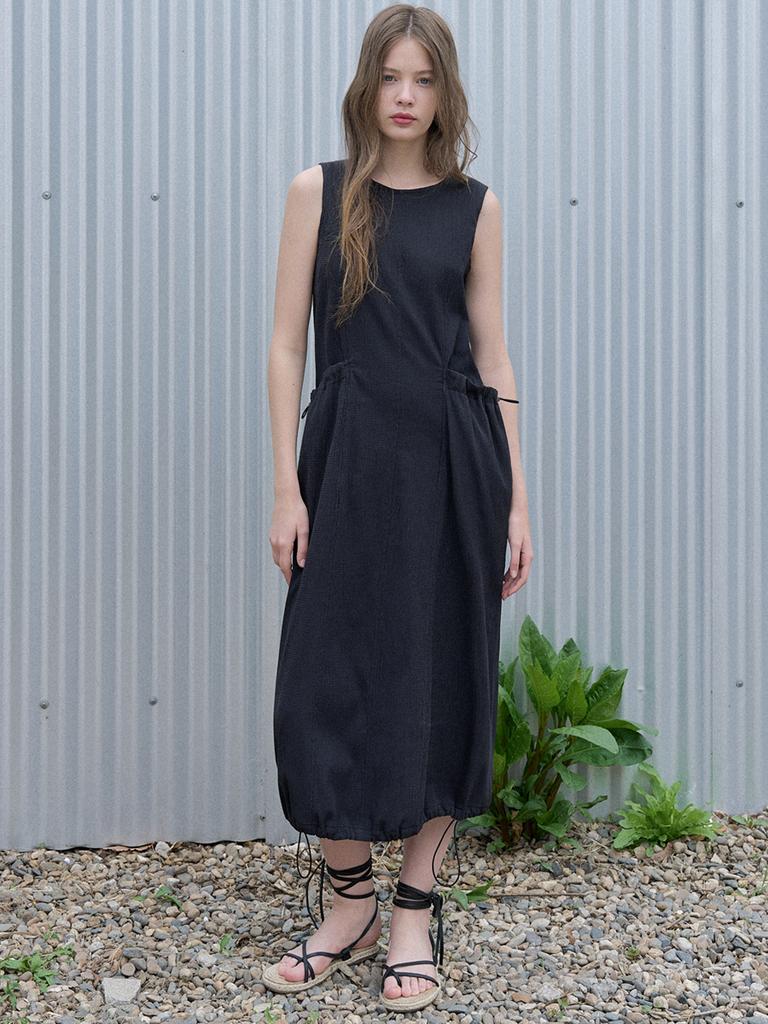 Avang Seersucker Sleeveless Long Dress - Black