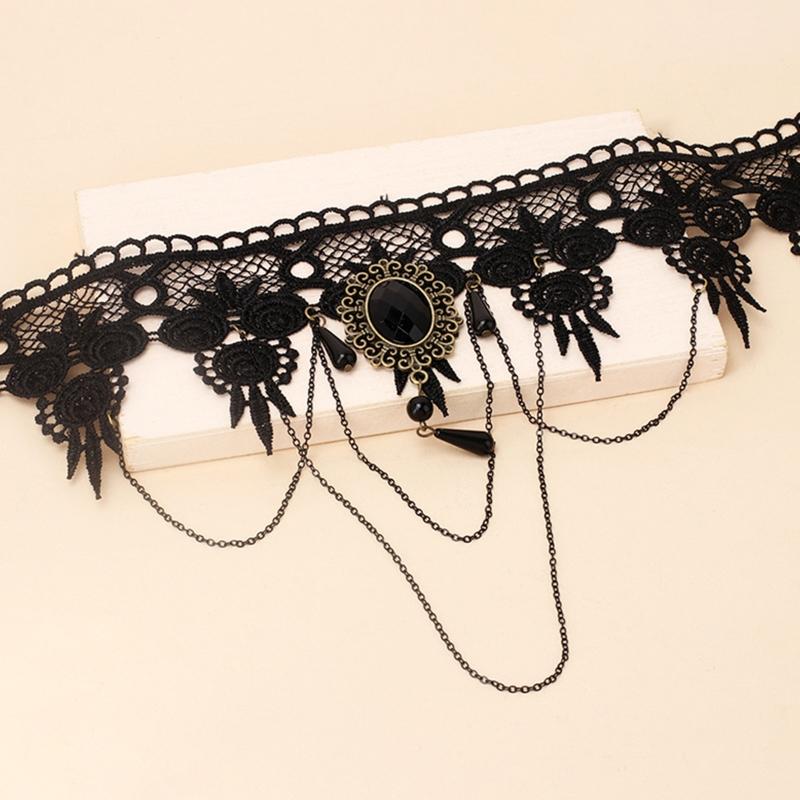 Adjustable Lace Choker Collar Gothic Necklace with Tassel Chain Crystal for Women Halloween Party Custume Vintage Choker