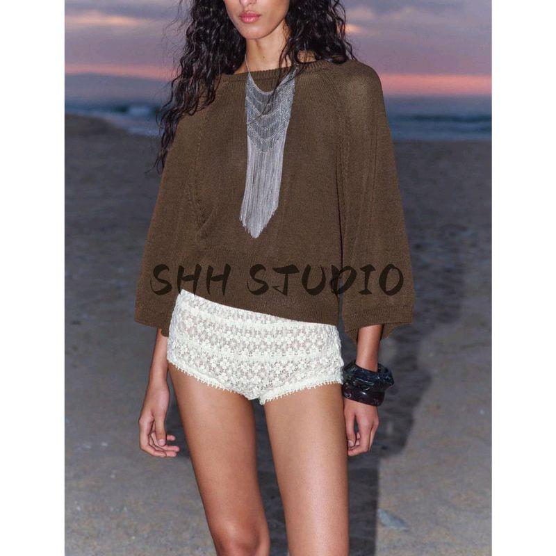 Autumn New Women's Clothing French Laziness Minimalist Wide Sleeve round Neck Vacation Style Casual Sweater 5536021