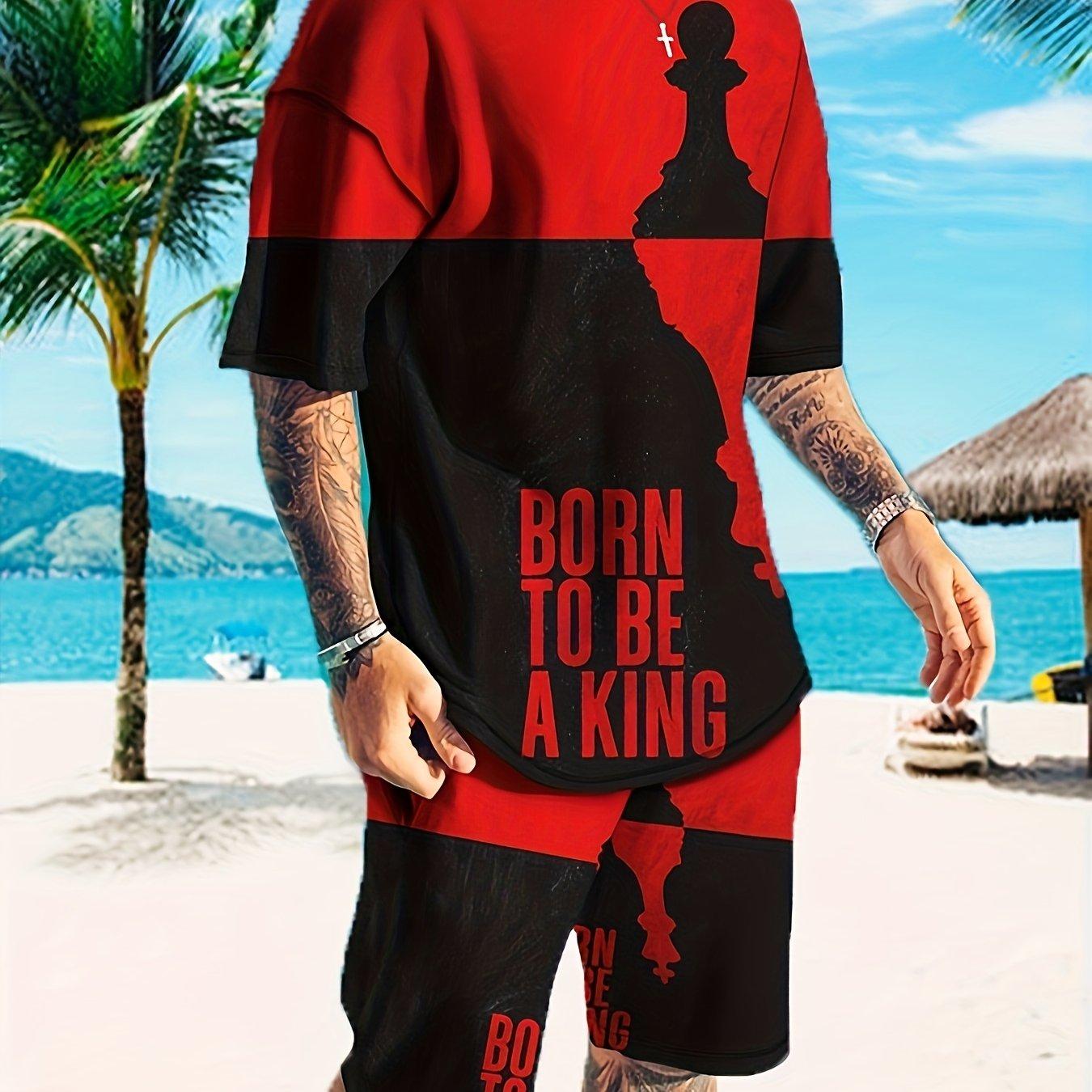 

2 шт., спортивная одежда, мужская футболка с принтом «Рожденный быть королем» и слегка эластичные дышащие шорты для активного отдыха для активного отдыха на открытом воздухе