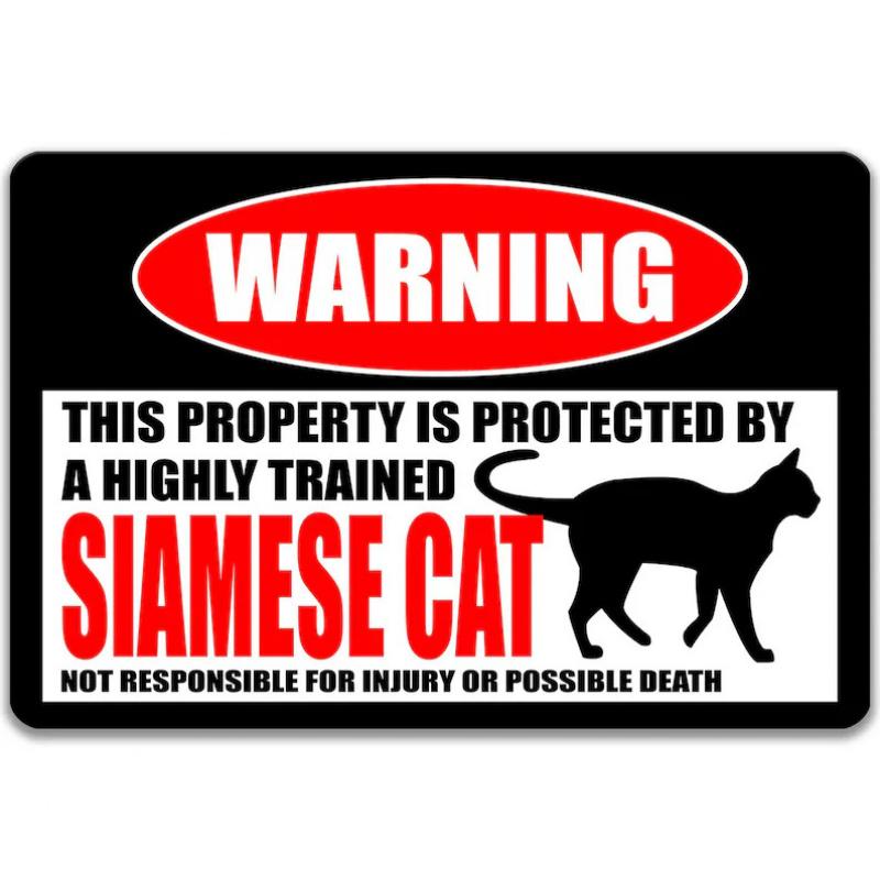 Funny Siamese Cat Warning Sign Style Iron WallMounted Humorous Beware of Siamese Cat Decor with Trained Siamese Cat Text 20x30cm（7.8x11.8inch）