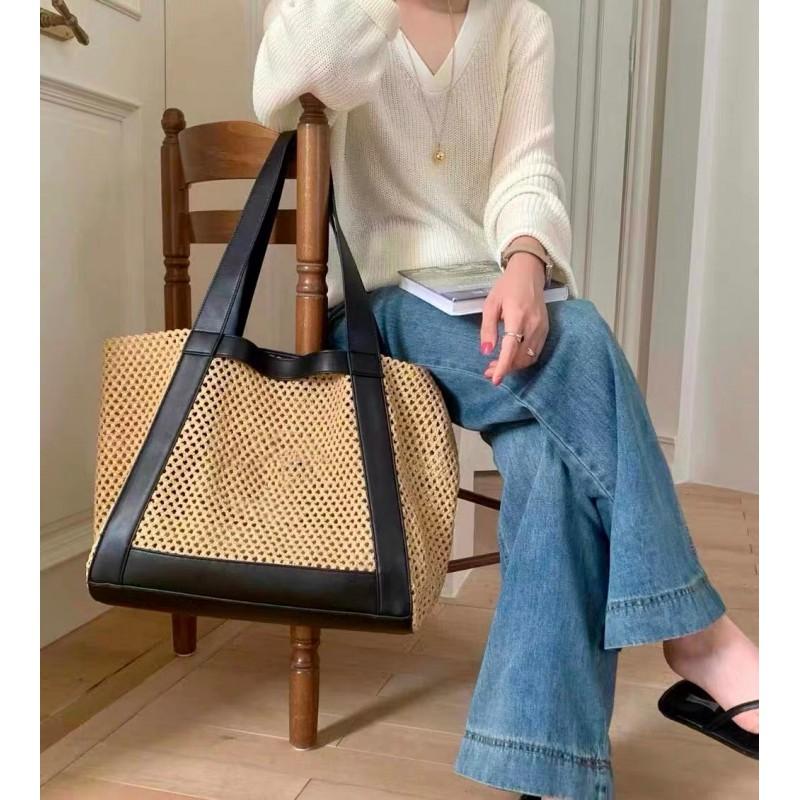 Womens 2025 Woven Straw Tote Bag Large Capacity Shoulder Minimalist Chic Design Soft PU Interior Casual Travel Use