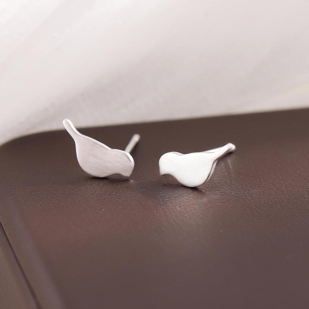 Silver Brushed Bird Stud Earrings - Literary Mori Girl Style