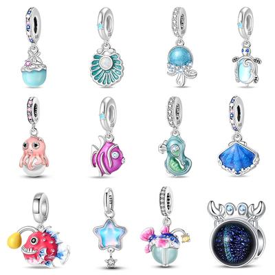 Summer Ocean Series 100% Copper Blue Luminous Jellyfish Seashells Fish Charms Beads Fit Pandach Bracelets Jewelry