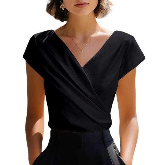 

Women Tops V-Neck Short Sleeve Pleated Design Shirt Tops Pure Color Slim Fit Summer Casual Tops Office Party Date Wear M чёрный