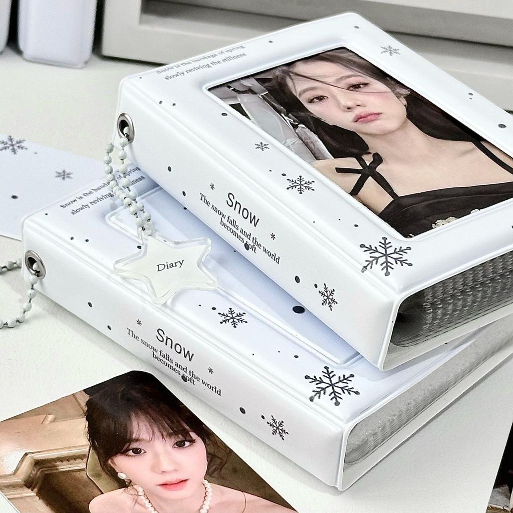 PVC Photo Card Organizer 3-inch Card Album White Snowflake Design Fan Card Storage Book Organizer Case Celebrity Card Holder