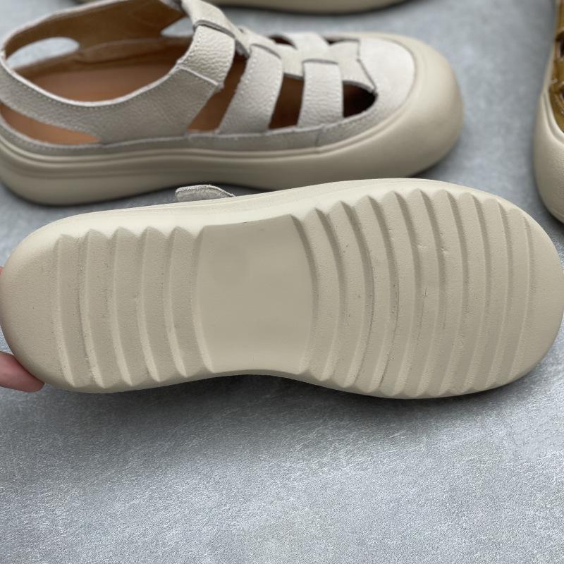 Johnature Жіночі повсякденні сандалі з натуральної шкіри з круглим носком, літні, з перфорацією, дихаючі, на м'якій підошві