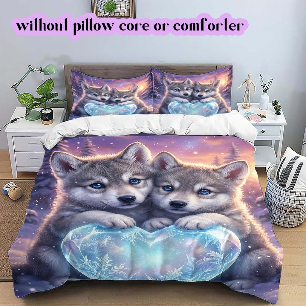 Two animals and lovePattern Bedding Quilt Set Quilt Cover Pillowcase Home Decoration Birthday Gift (1 * duvet cover + 2 * pillowcase, without core)