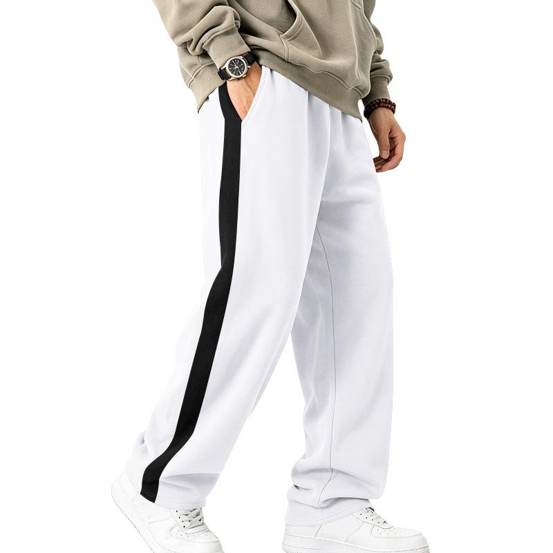 Pantaloni de trening largi pentru bărbați, căptușiți cu fleece, tricotaj greu, dungă contrastantă laterală, șnur, croială largă, casual, sport