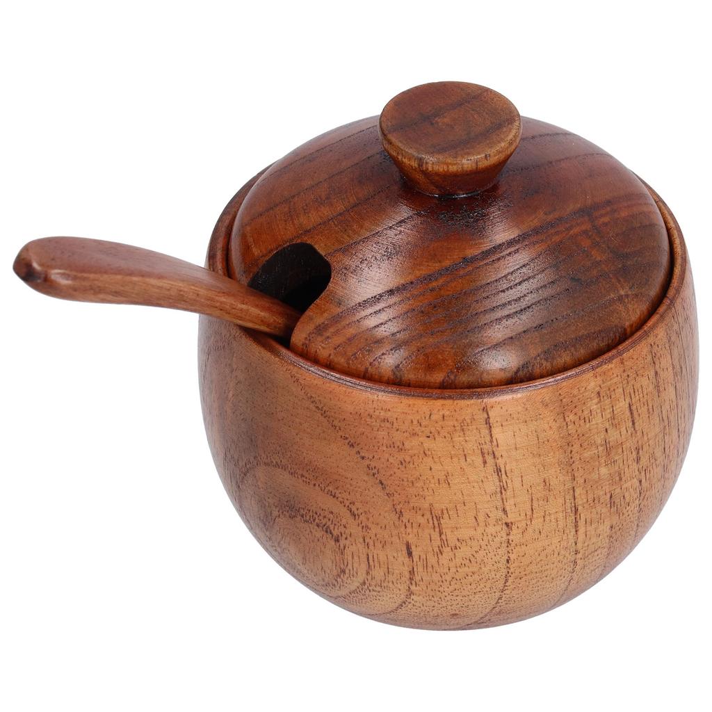Household Seasoning Jar with Spoon Lid Wooden Salt Container for Home Kitchen Restaurant
