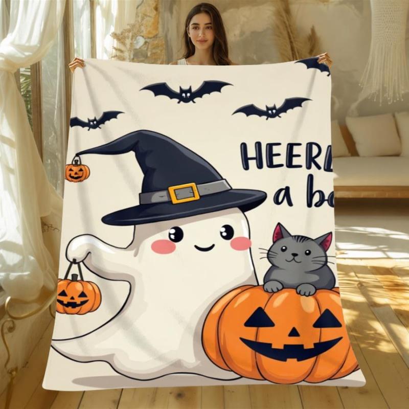 Coquette Pink Witch Ghost Pumpkin Candy Halloween Flannel Throw Blanket, Cute Spooky Pastel Holiday Blanket For Girls Gift