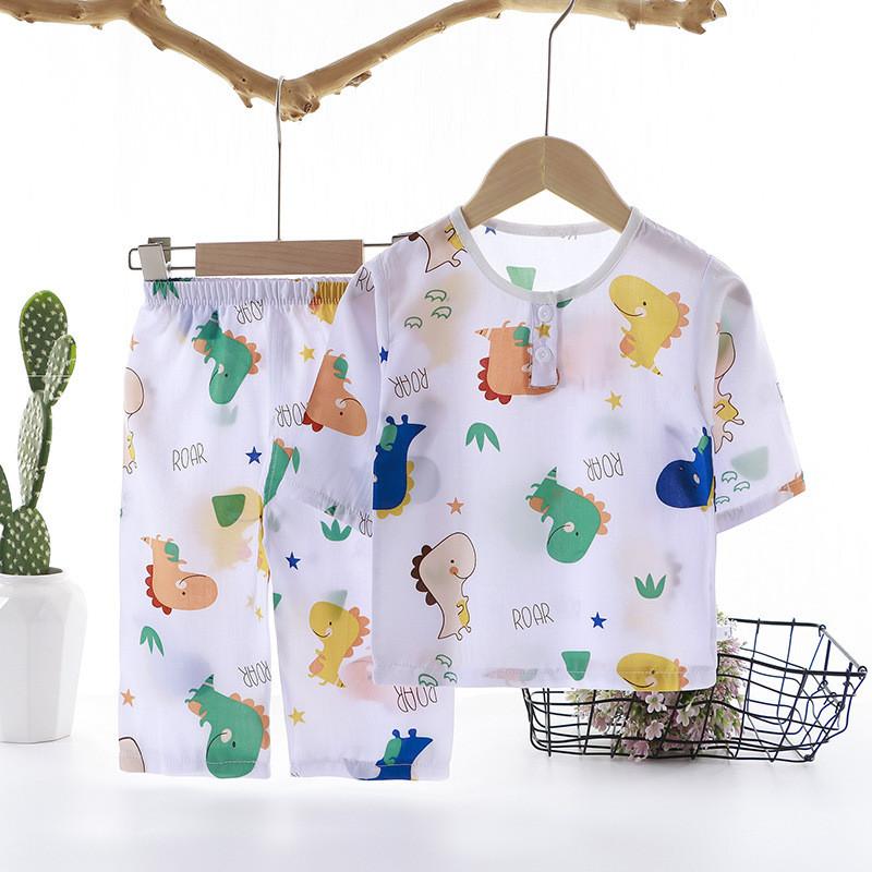 Cartoon Dinosaur Kids Sleepwear Set With Breathable Cotton Silk For Summer Comfort