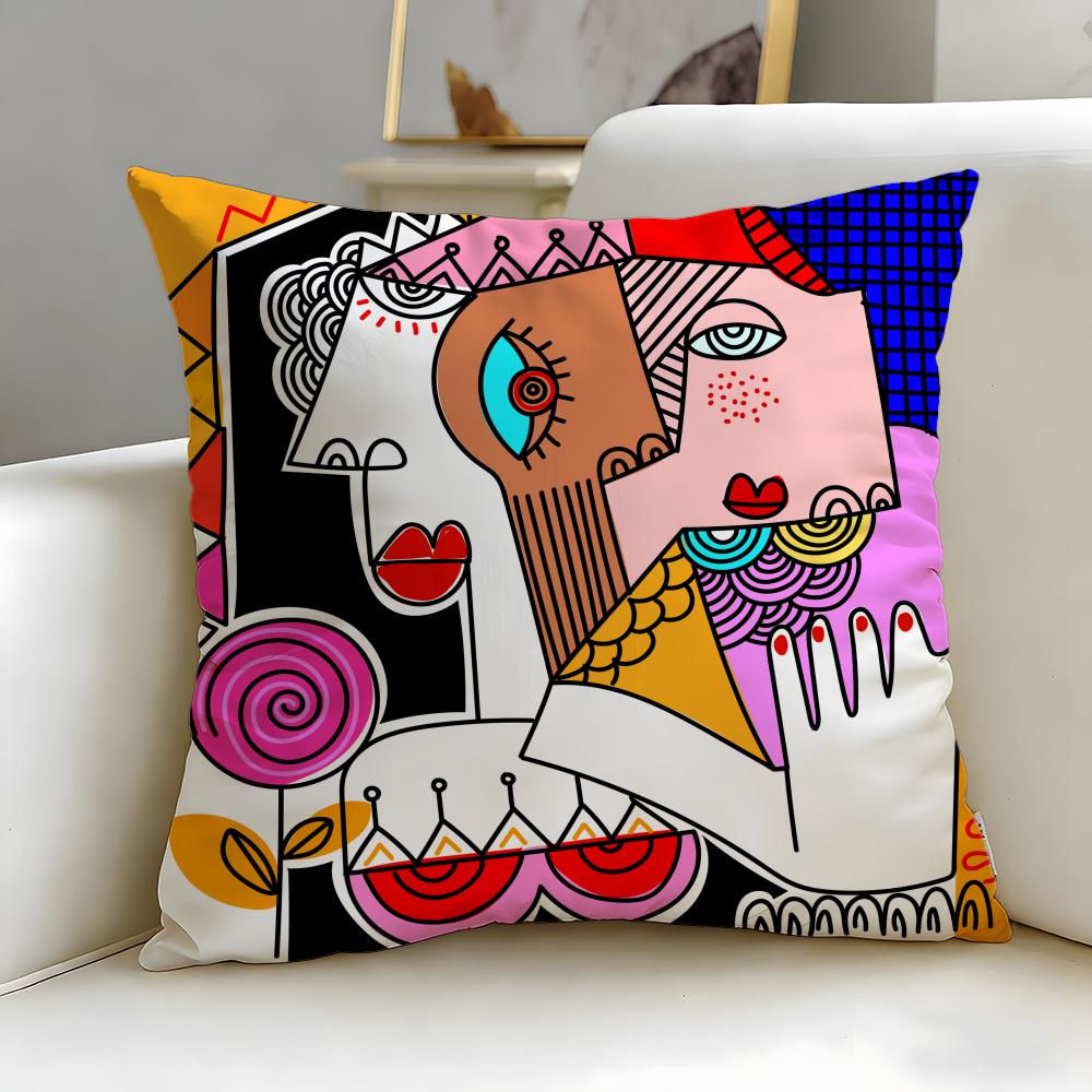 art theme Colorful Abstract Faces Cushion Cover Soft  EasyWash Pillow Case  Versatile for Couch Bed Travel and Office