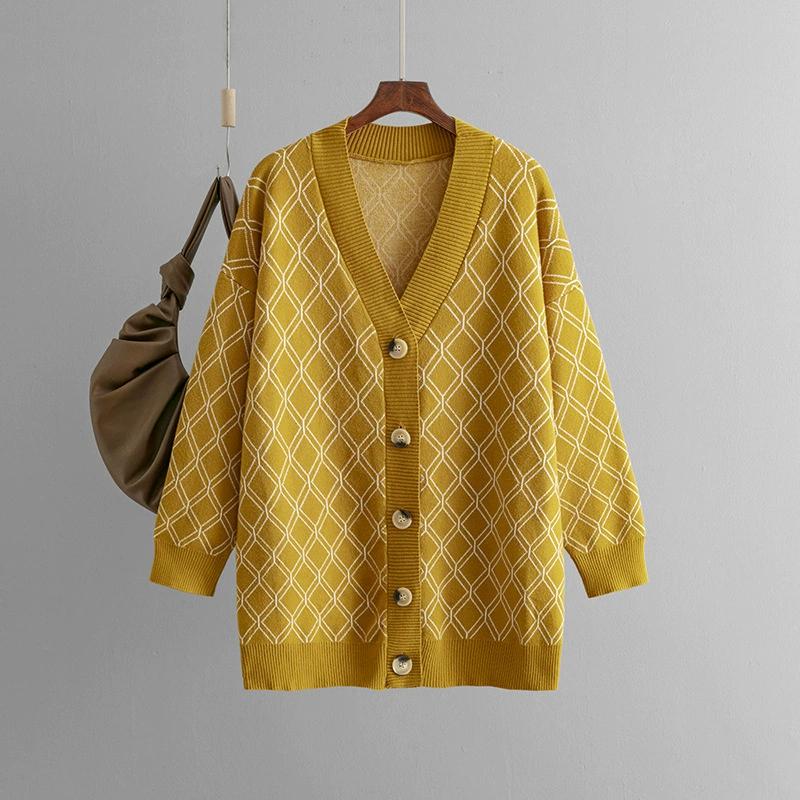 Autumn and Winter New V-neck Cardigan Sweater Cross-border Women's Casual Loose Diamond Grid Knit Sweater Jacket