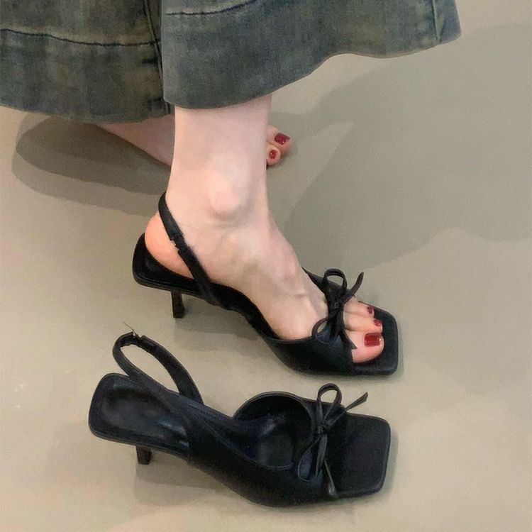 New bow-tied back strap high heels for women's 2025 new summer outer wear one-word with temperament open-toed square head sandals