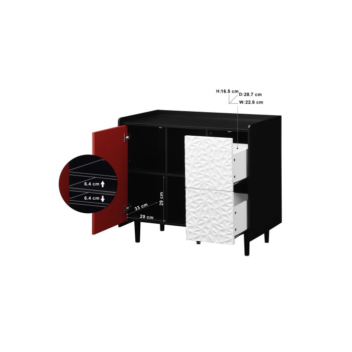 Armoire de rangement noire avec portes rouges, comprenant deux tiroirs au design unique et deux compartiments ouverts.