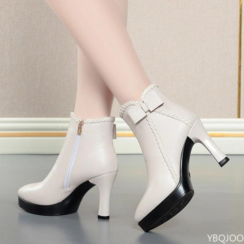 Small Size Spring and Autumn Fashion New High Heels Women's Boots with Bow Pointed Tip Thin Heel Zipper Fashion Women's Boots