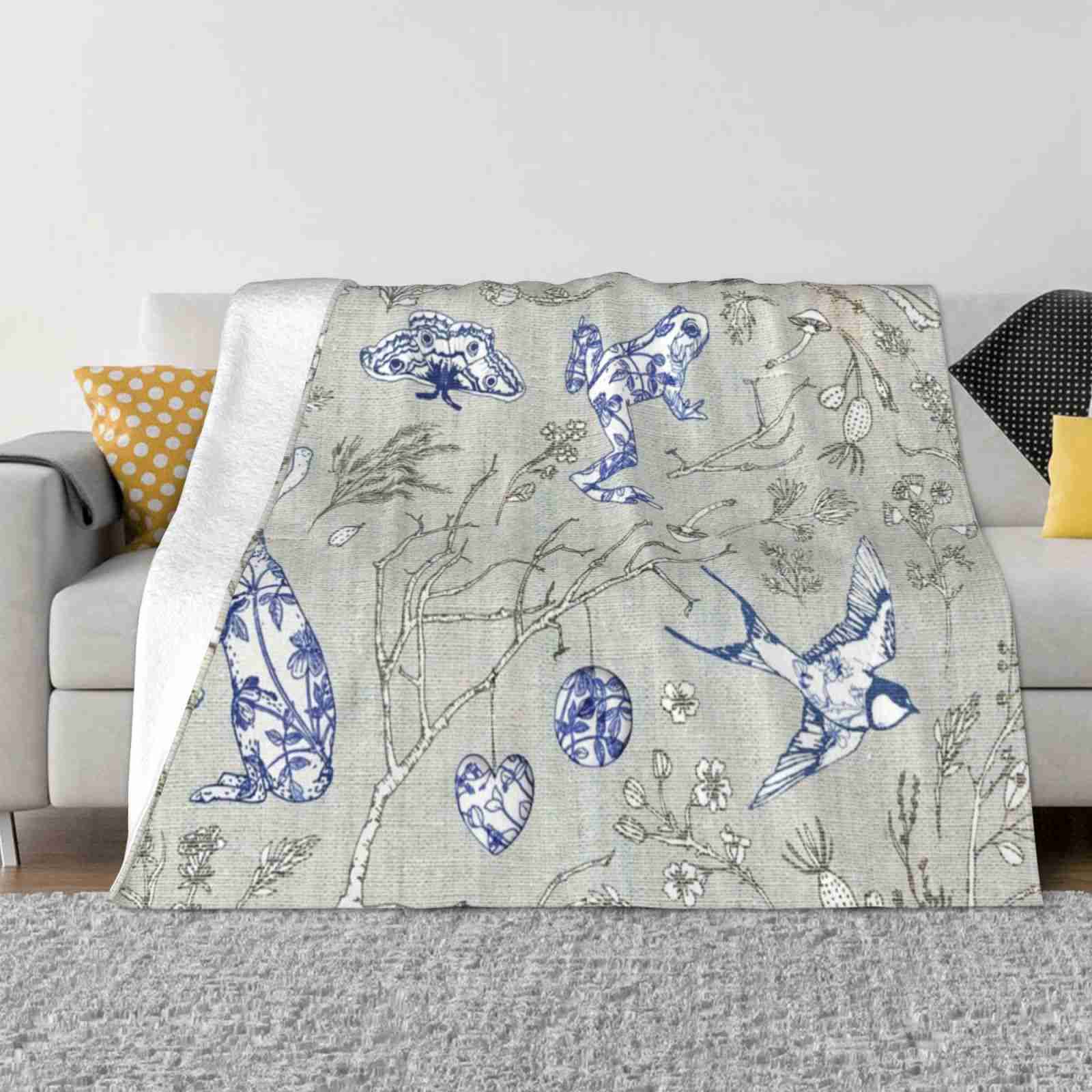

Botanica Wilde Fashion Soft Warm Flannel Blanket Rabbit Blue And White Swallow Garden Sticks Frog Vintage Ceramics Porcelain 30x40in