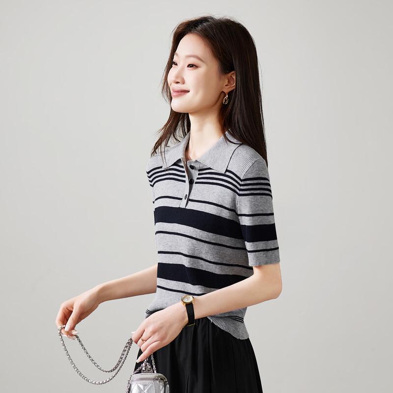 SOFSIL Women's Color-block Stripe Knit Polo T-shirt