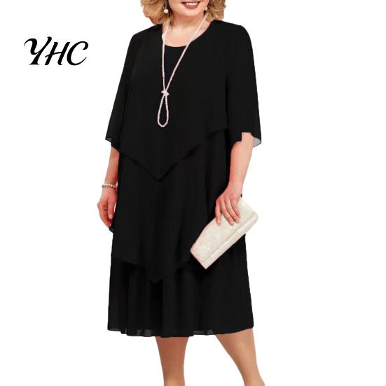 Layered Hem Flowy Dress Women Spring Summer Midi O-neck Half Sleeve Party Wedding Guest Elegant Chiffon