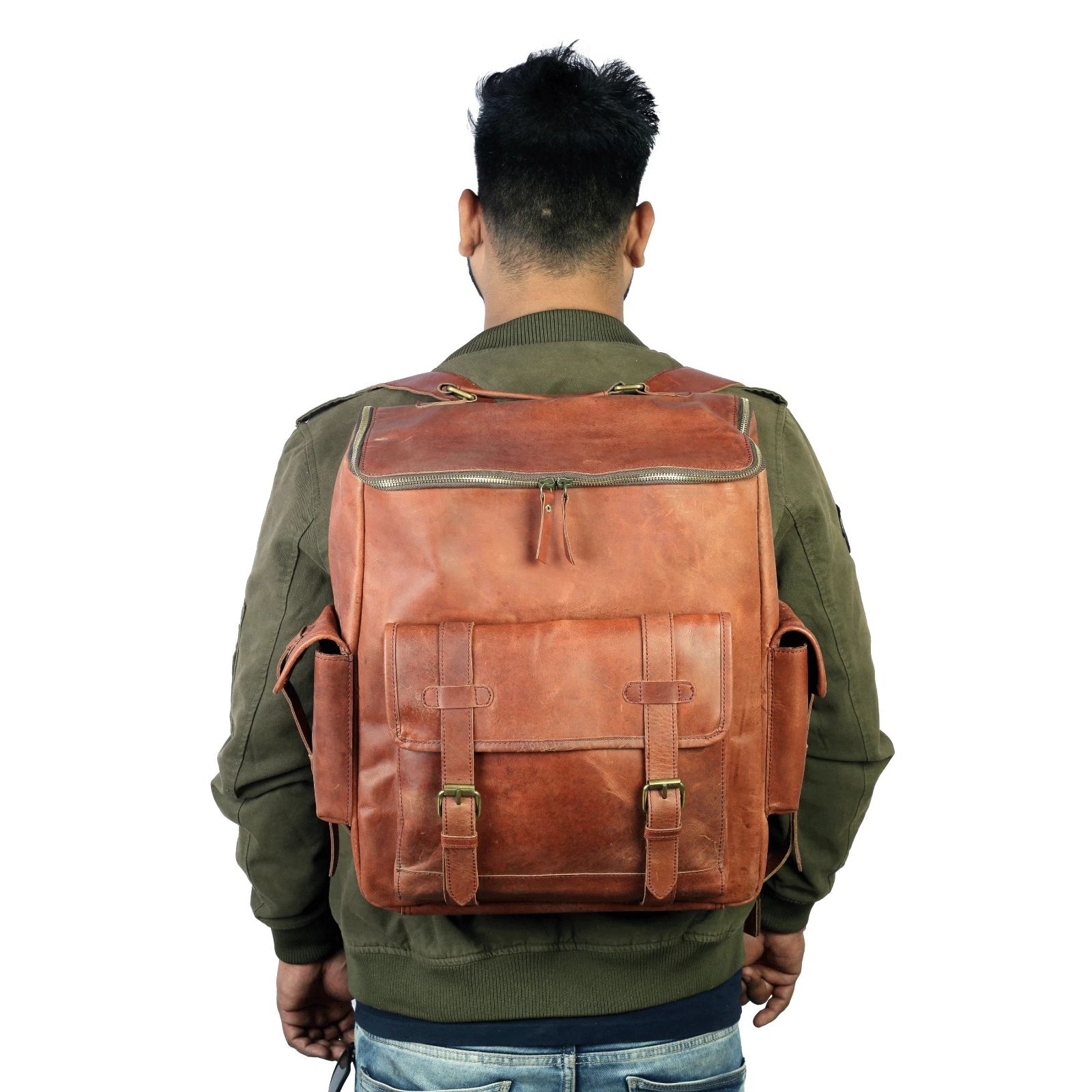 

Винтажный рюкзак ручной работы из натуральной кожи, повседневная дорожная сумка для ноутбука, унисекс 17 x 14 x 5 in