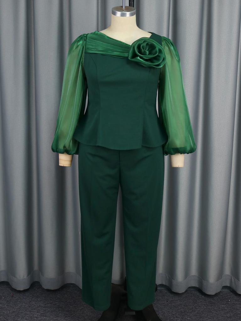 Zestaw zielonych spodni plus size z błyszczącymi rękawami z siateczki i kwiatowym detalem 3D Idealny na kościół, formalne spotkania i specjalne wydarzenia