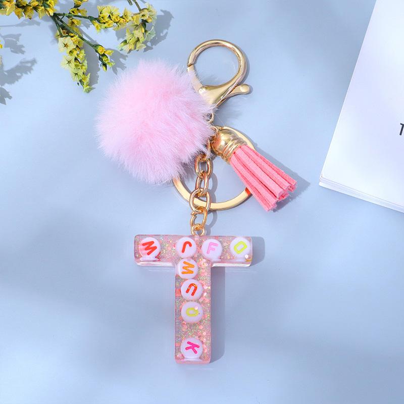 1PC Keyring Key Accessory Letter Filled Colourful Initial Pendant With Fluffy Keychain Glitter Tassel Charms For  Bags Backpacks