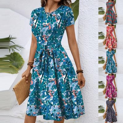 Lässiges Midikleid mit Rundhalsausschnitt, kurzen Ärmeln und Blumenmuster für Damen, Frühling und Sommer