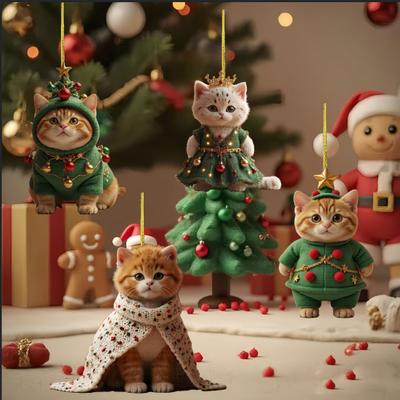 4 Pcs Cute Cat Christmas Ornament 2D Flat Acrylic Car Rearview Mirror Charm Cartoon Cat Christmas Tree Ornament for Auto