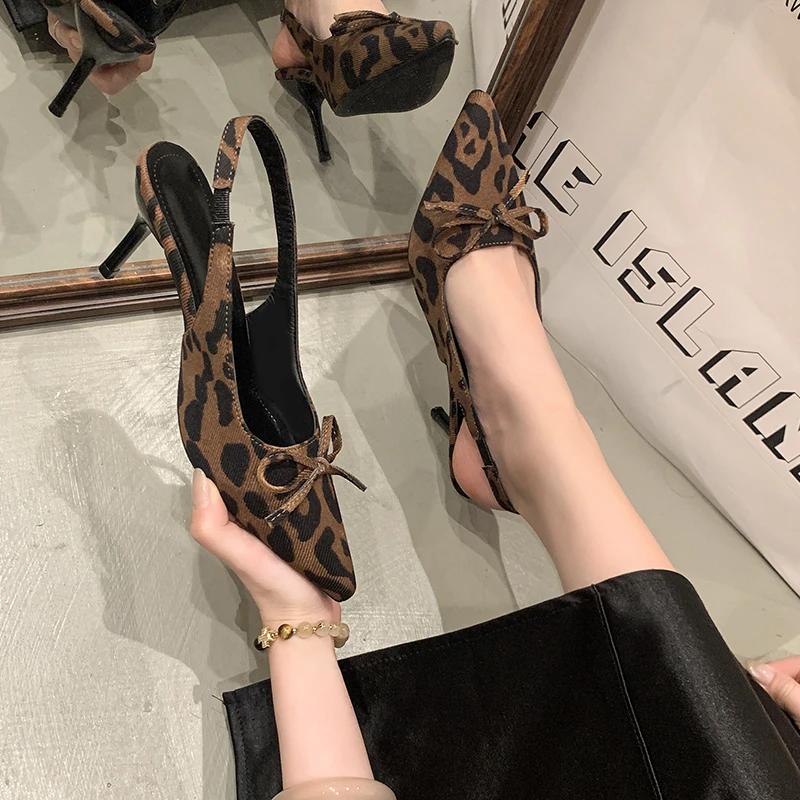 New Leopard Print Summer Pointed Toe High Heel Pumps Women's Sandals Fashion Slip-On Mules for Ladies Party Dress Shoes