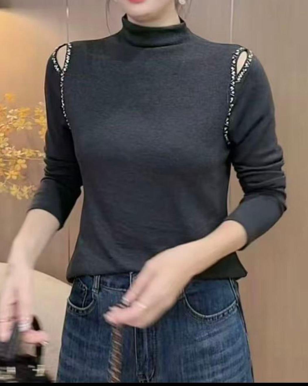 

Plus Size Chic Hollow-Out Beaded Long Sleeve High Collar Autumn T-Shirt 3XL темно-серого