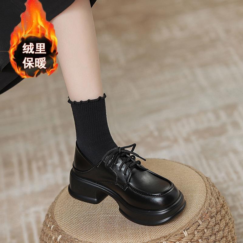 

Yuexinwang genuine leather flat for Huizhou women s shoes grape mother same shoes front lace-up black new heightening platform shoes 40