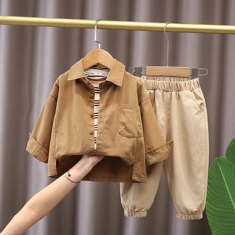 

Boy s Spring Daily Casual Suit Kids Long-sleeved Shirt+Cargo Pants 2Pcs Outfits 80