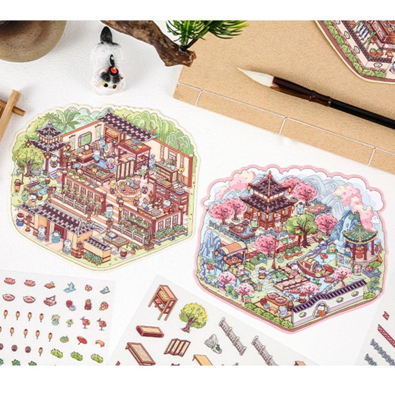 3D Szenenaufkleber Chinesischer Stil Landschaftsaufkleber Katzenhütte Handkontoaufkleber Etiketten Journaling-Zubehör